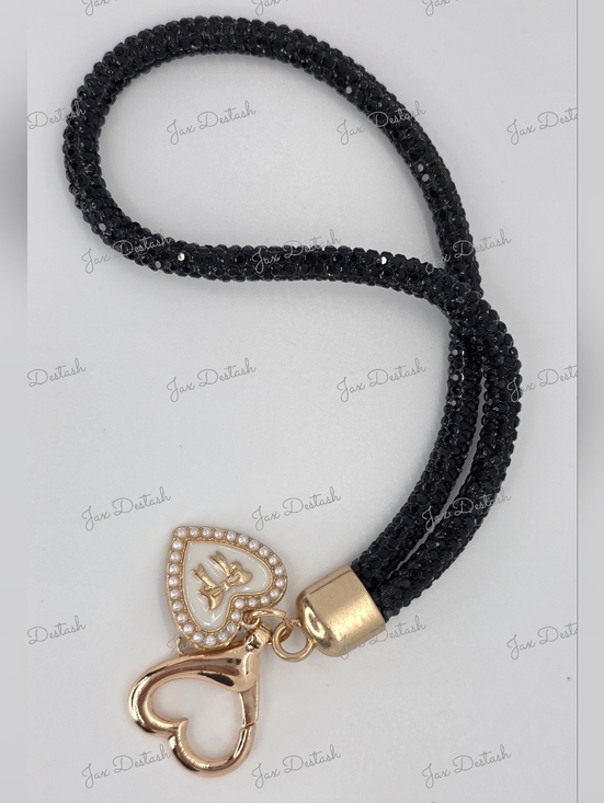 Accessories - Gold Heart Charm Black Crystal Cord Phone/Key Lanyard CH4380